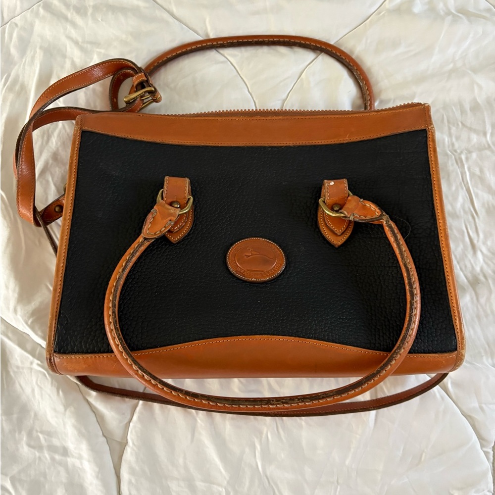 Dooney & Bourke Black and Brown Leather Satchel with Top Handles